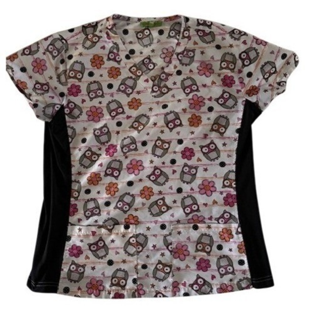 Green Town Owl Floral Print Scrub Top Womens Medium V-Neck Black Side Panels M